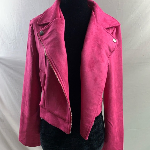 Zip Up Vegan Suede Moto Jacket Hot Pink - Picture 7 of 7